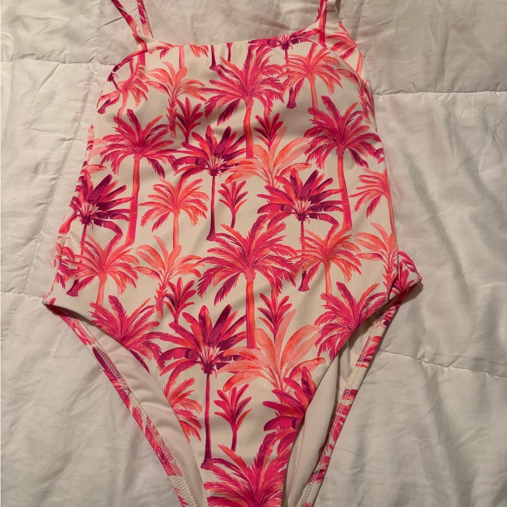 Tropical Palm off white - Pink and Orange swimsuit